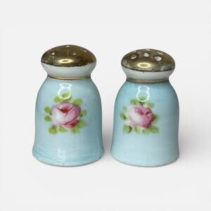 Antique Nippon Salt Pepper Shakers Hand Painted Blue Floral Gold 1.5”